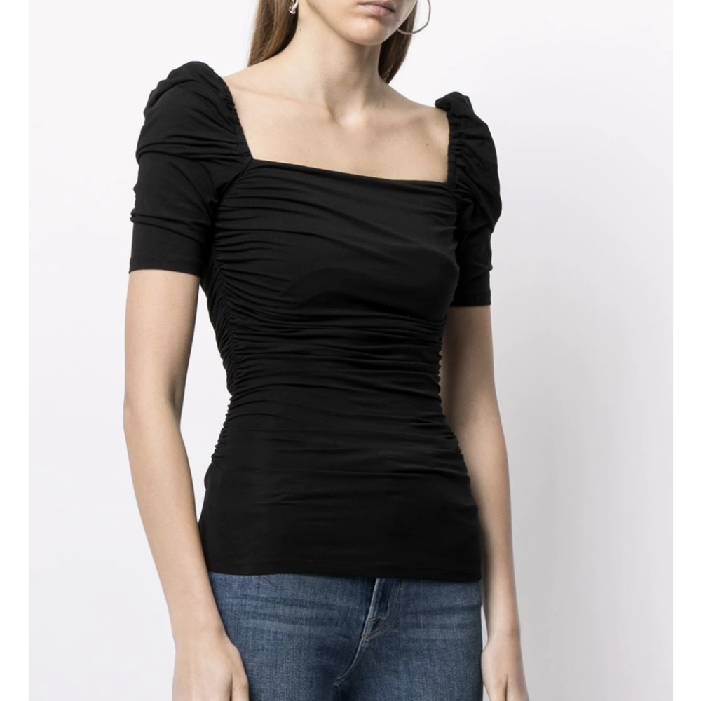 FRAME Betty Knitted Black Noir Square Neck Ruched Puff Sleeve Top Shirt - Picture 11 of 16